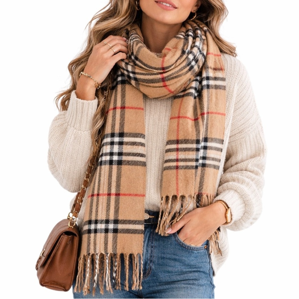 Classic Camel Plaid Scarf Tan Red Black Fringe Soft Winter Tartan Scarf